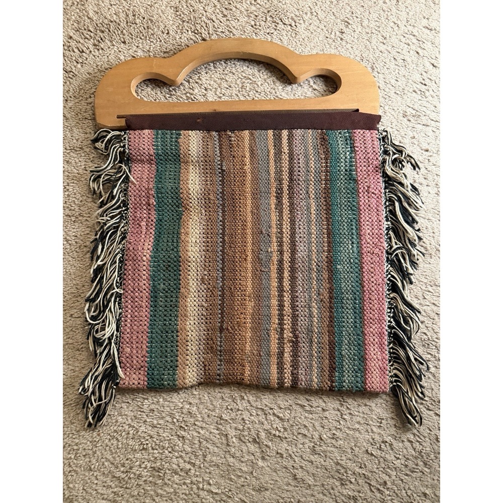 Vtg 70s Boho Woven Tapestry Double Wood Handle Folding Tote Bag Fringe